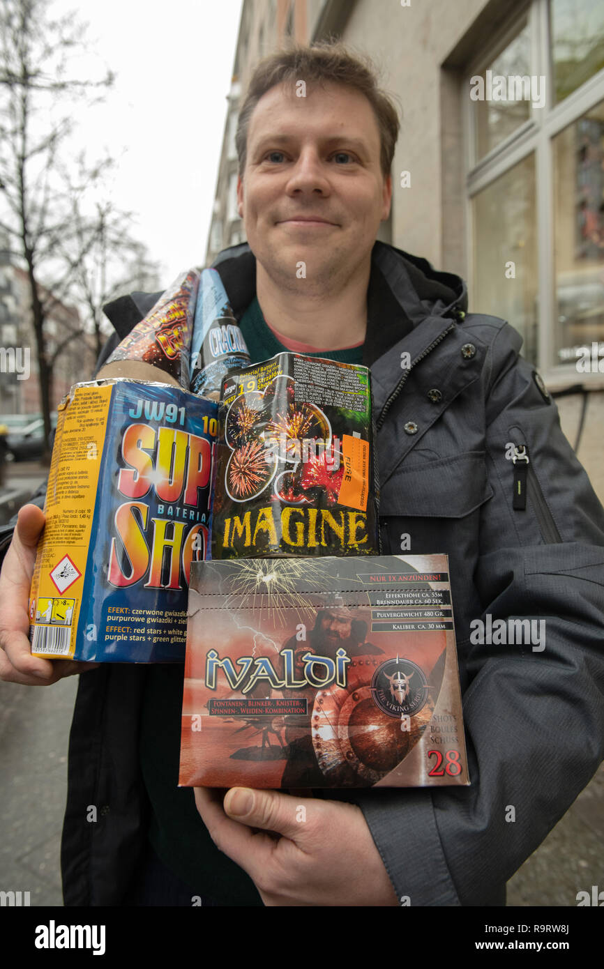 Berlin, Germany. 28th Dec, 2018. Marcus Rätzel from Berlin shows a part of the New Year's Eve pyrotechnics he bought in a shop in Friedrichshain. Together with his family he will shoot the rockets and batteries into the sky on New Year's Eve. Credit: Paul Zinken/dpa/Alamy Live News Stock Photo