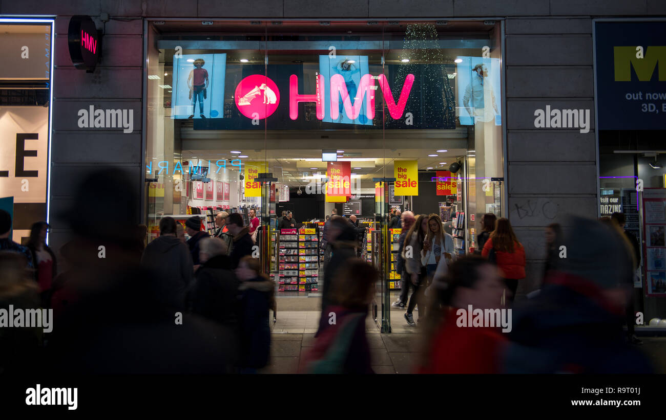Glasgow, UK. 28th December 2018. 'Another One Bites The Dust'.  It's ironic that retail giant HMV used to sell Queens no.1 hit in massive numbers.  Now the tides have turned and the writing is on the wall as it has been confirmed HMV is to call in administrators after being battered by 'extremely weak' Christmas trading on the high street and a collapse in demand for CDs and DVDs.  This will be the second time in six years that the retail giant has had to call in administrators putting almost 2200 jobs at risk.  HMV Argyle Street Store, Glasgow.  Credit: Colin Fisher/Alamy Live News Stock Photo