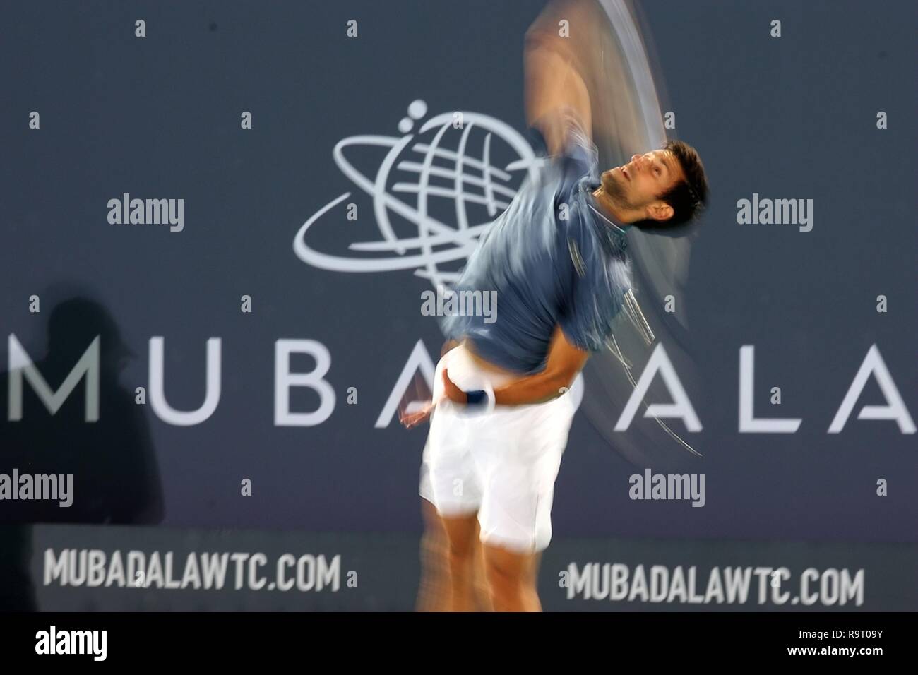 Abu Dhabi, United Arab Emirates (UAE). 28th Dec, 2018. Novak Djokovic of Serbia competes with Karen Khachanov of Russia during the 2018 Mubadala World Tennis Championship in Abu Dhabi, the United Arab Emirates (UAE), on Dec. 28, 2018. Novak Djokovic won 2-0. Credit: Mahmoud Khaled/Xinhua/Alamy Live News Stock Photo