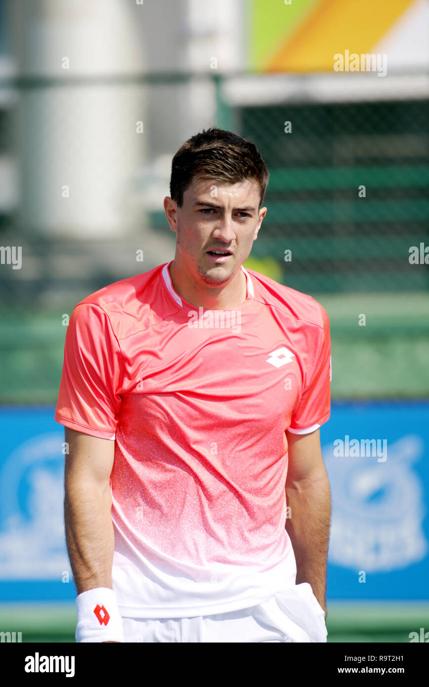 Pune, India. 29th December 2018. Sebastian Ofner of Austria in action in the first round of qualifying singles competition at Tata Open Maharashtra ATP Tennis tournament in Pune, India. Credit: Karunesh Johri/Alamy Live News Stock Photo