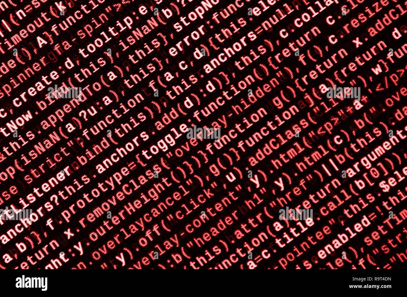 Javascript functions, variables, objects. Monitor closeup of function source code. IT specialist workplace. Big data and Internet of things trend. HTM Stock Photo