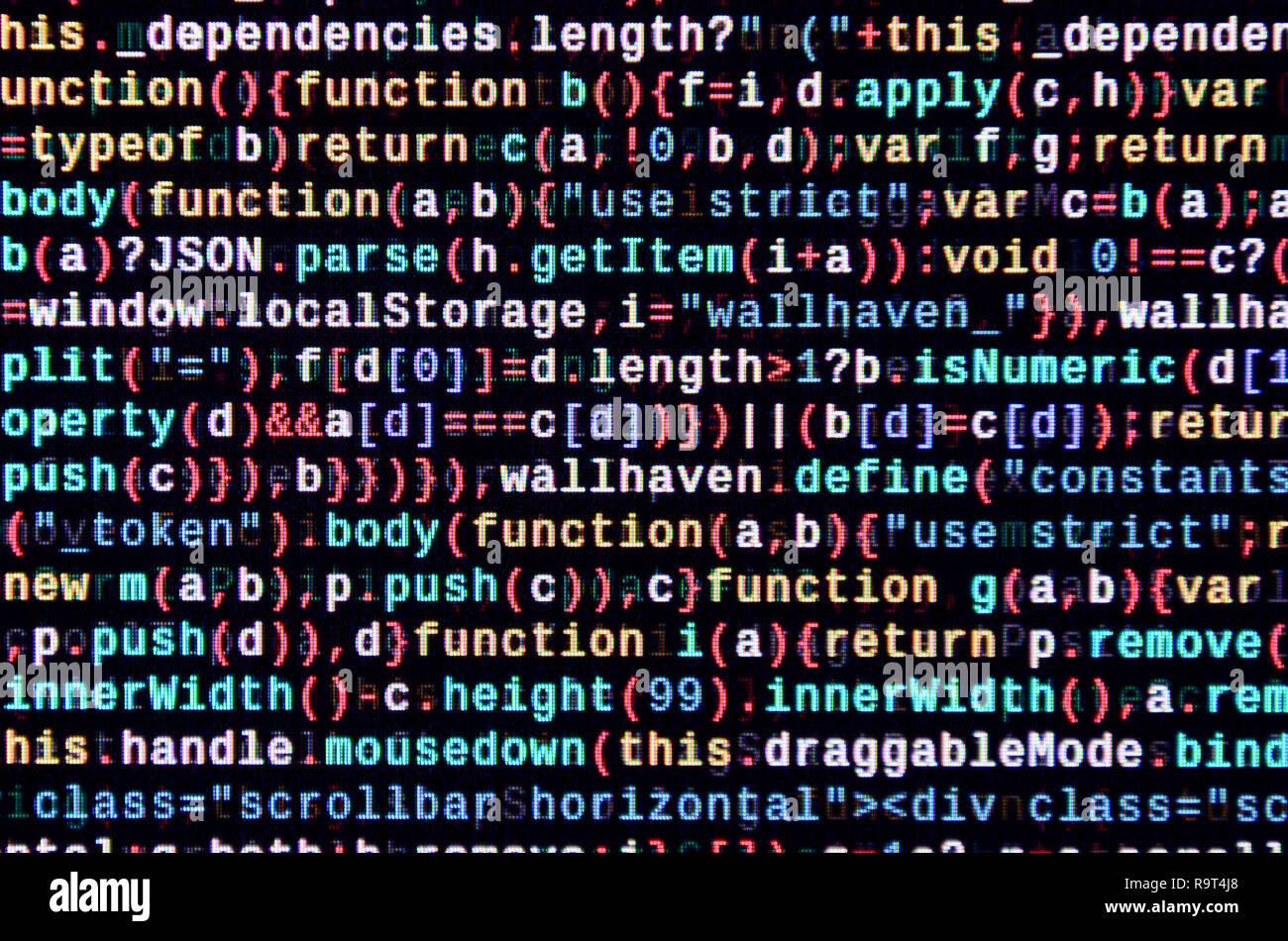 Javascript functions, variables, objects. Monitor closeup of function source code. IT specialist workplace. Big data and Internet of things trend. HTM Stock Photo