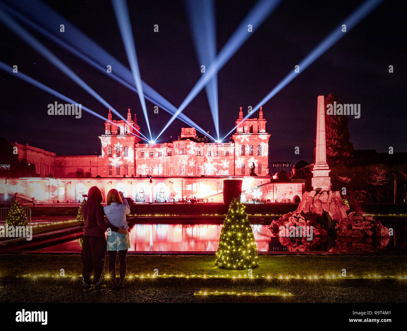 Blenheim Palace and water terrace illuminated with Christmas lights complete with laser show