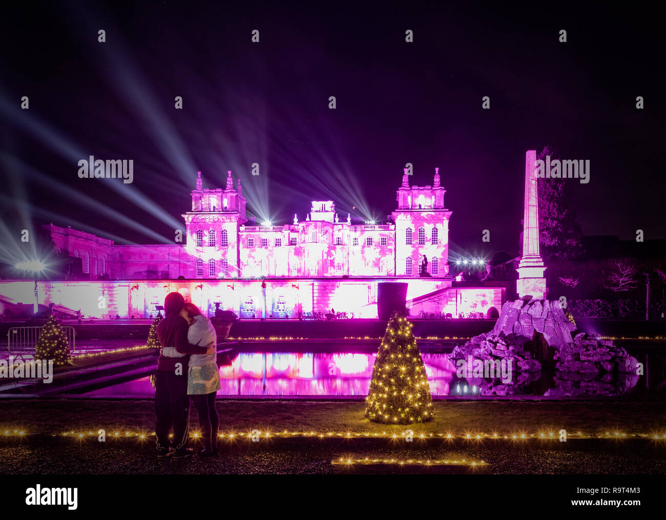 Blenheim Palace and water terrace illuminated with Christmas lights