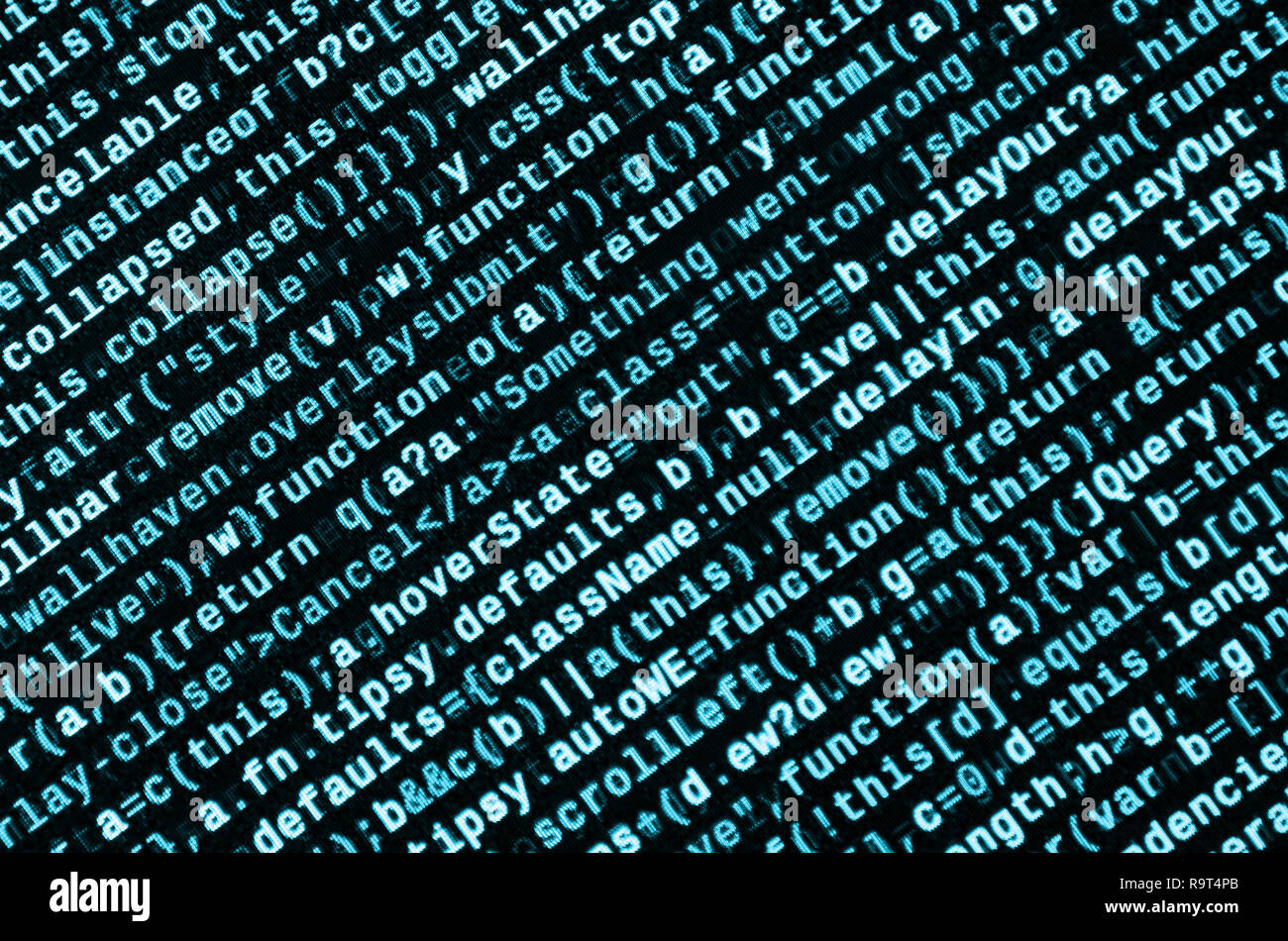 Writing programming code on laptop. Digital binary data on computer screen. Project managers work new idea. Software engineer at work. Software abstra Stock Photo