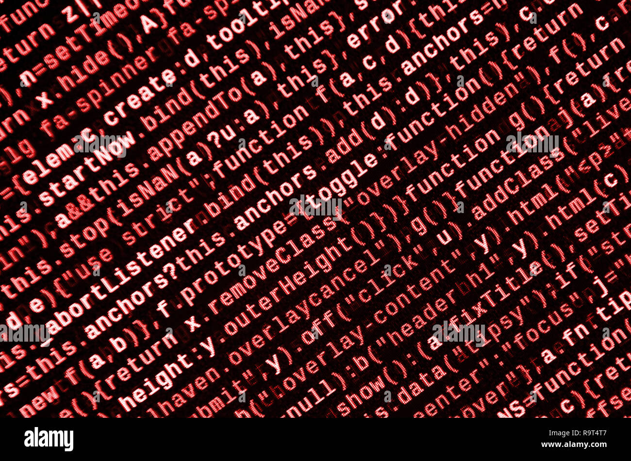Javascript functions, variables, objects. Monitor closeup of function source code. IT specialist workplace. Big data and Internet of things trend. HTM Stock Photo