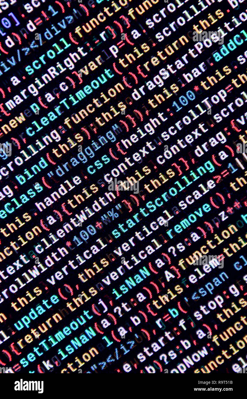 JavaScript code in text editor. Coding cyberspace concept. Screen of ...