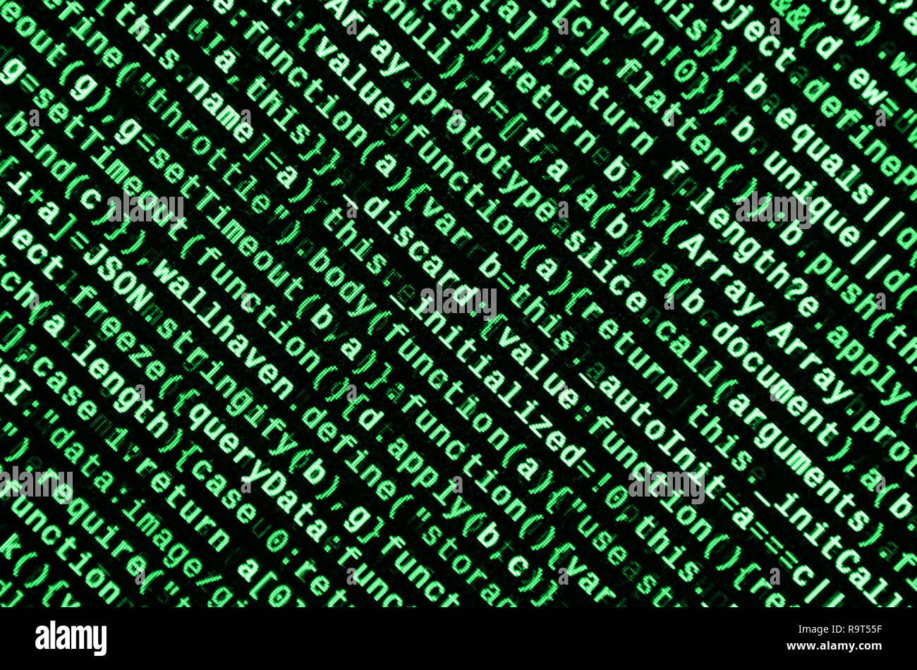 Javascript functions, variables, objects. Monitor closeup of function source code. IT specialist workplace. Big data and Internet of things trend. HTM Stock Photo