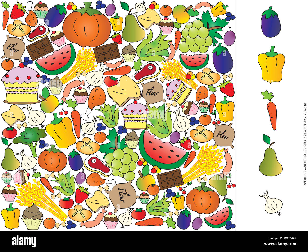 Game for children find fruit and vegetable, visual game Stock Photo