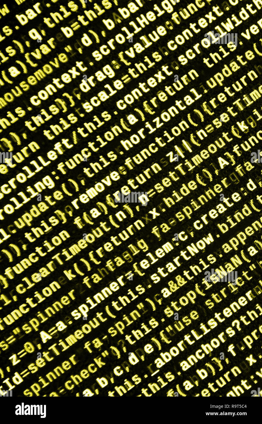 Javascript functions, variables, objects. Monitor closeup of function source code. IT specialist workplace. Big data and Internet of things trend. HTM Stock Photo