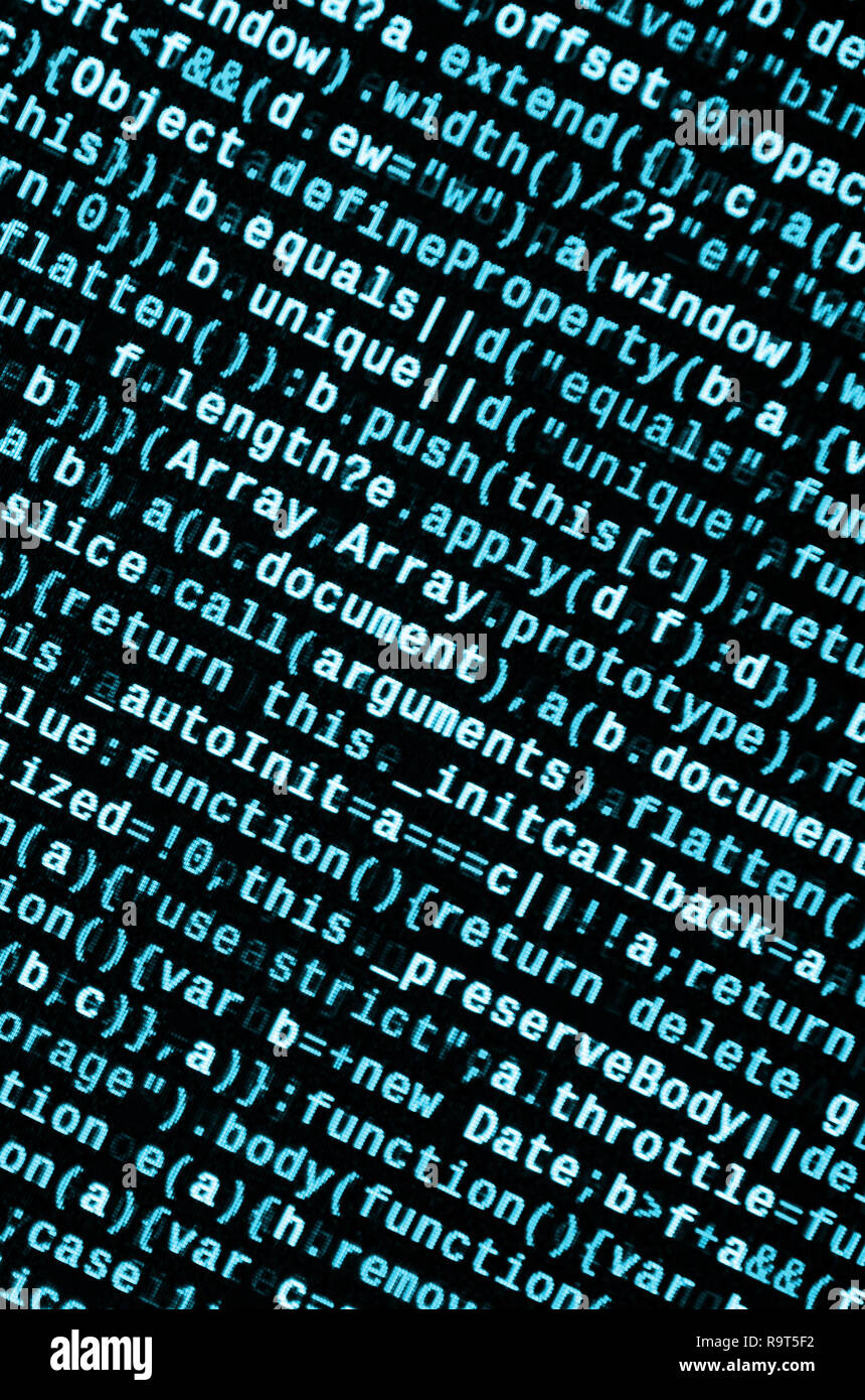 Javascript functions, variables, objects. Monitor closeup of function source code. IT specialist workplace. Big data and Internet of things trend. HTM Stock Photo