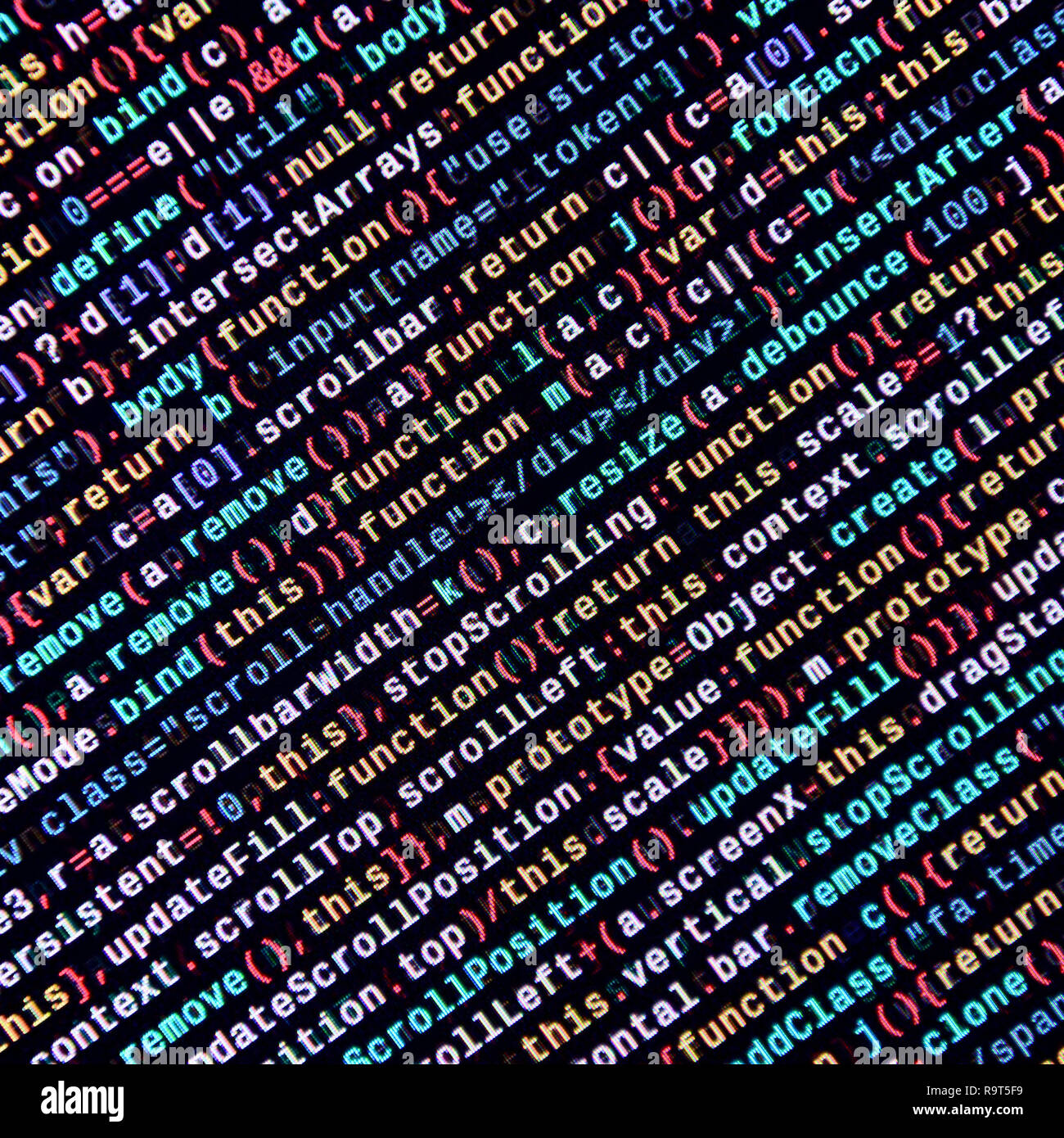 Writing programming code on laptop. Digital binary data on computer ...
