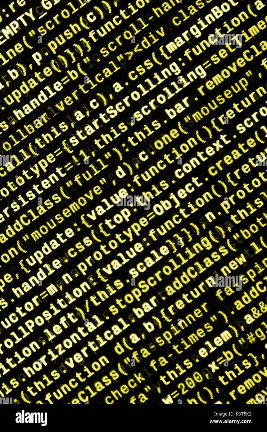 Writing programming code on laptop. Digital binary data on computer screen. Project managers work new idea. Software engineer at work. Software abstra Stock Photo