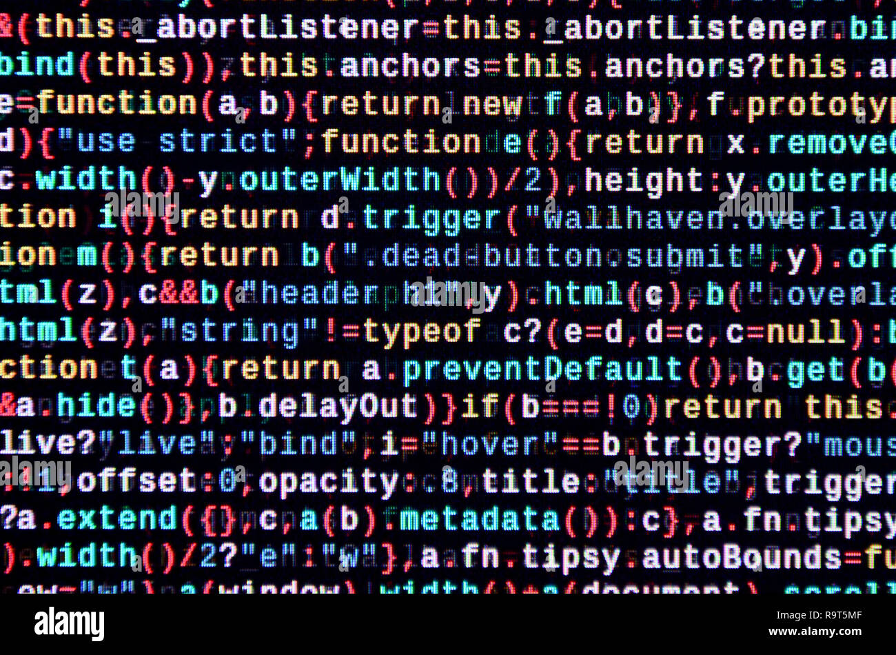 Javascript functions, variables, objects. Monitor closeup of function source code. IT specialist workplace. Big data and Internet of things trend. HTM Stock Photo