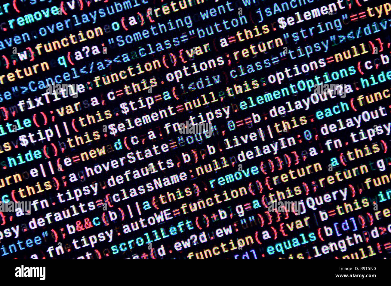 Javascript functions, variables, objects. Monitor closeup of function source code. IT specialist workplace. Big data and Internet of things trend. HTM Stock Photo