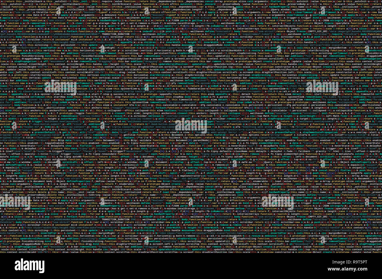 Javascript functions, variables, objects. Monitor closeup of function source code. IT specialist workplace. Big data and Internet of things trend. HTM Stock Photo
