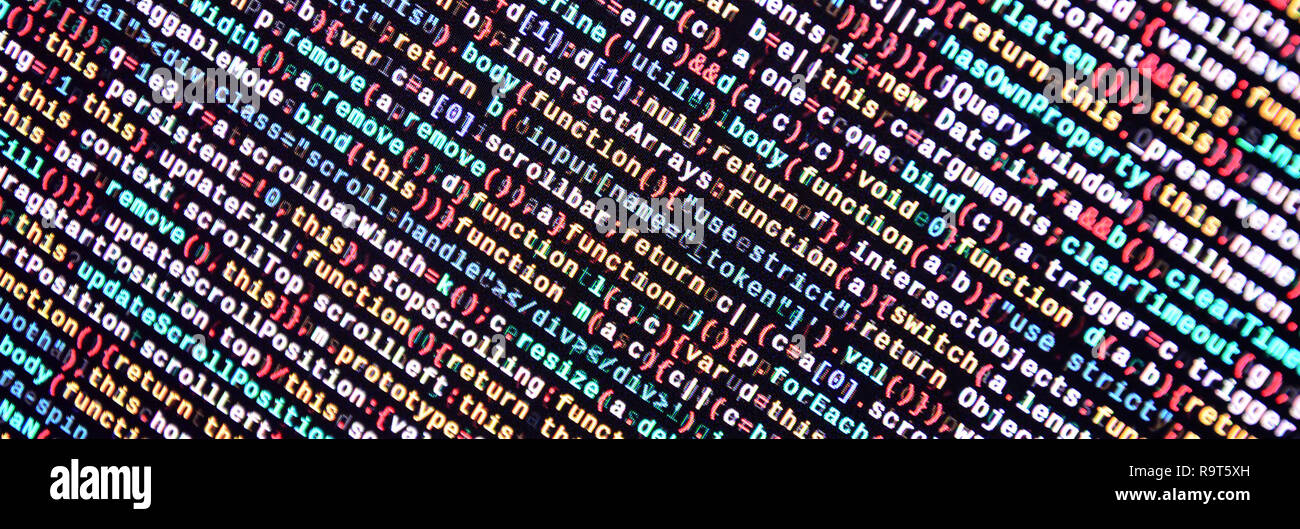 Javascript functions, variables, objects. Monitor closeup of function source code. IT specialist workplace. Big data and Internet of things trend. HTM Stock Photo