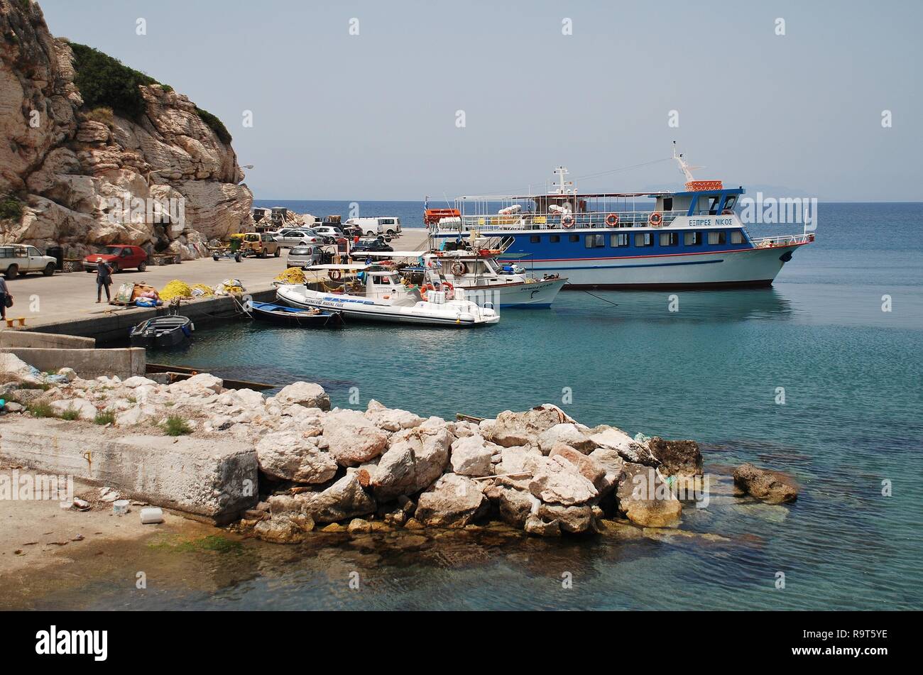 Boats moored at Kamiros Skala harbour on the Greek island of Rhodes on June 7, 2017. Stock Photo