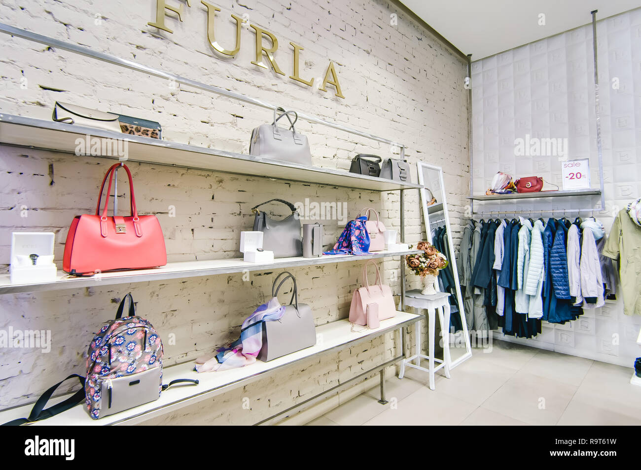 Russia, Novosibirsk - April 25, 2018: interior of women's clothing and  accessories store boutique EMPORIO / FURLA handbags ladies bags Stock Photo  - Alamy