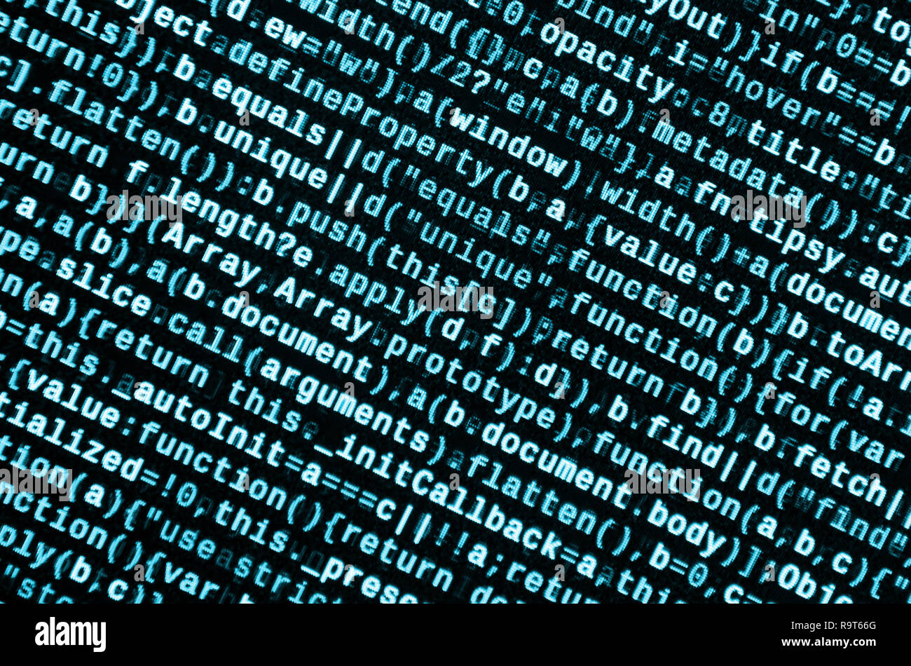 Writing programming code on laptop. Digital binary data on computer ...