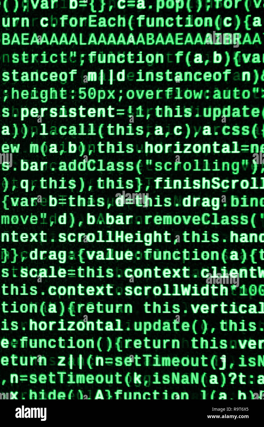 Writing programming code on laptop. Digital binary data on computer screen. Project managers work new idea. Software engineer at work. Software abstra Stock Photo
