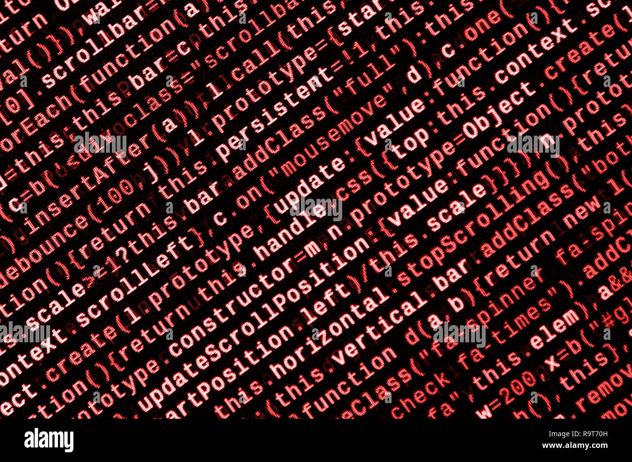 Javascript functions, variables, objects. Monitor closeup of function source code. IT specialist workplace. Big data and Internet of things trend. HTM Stock Photo