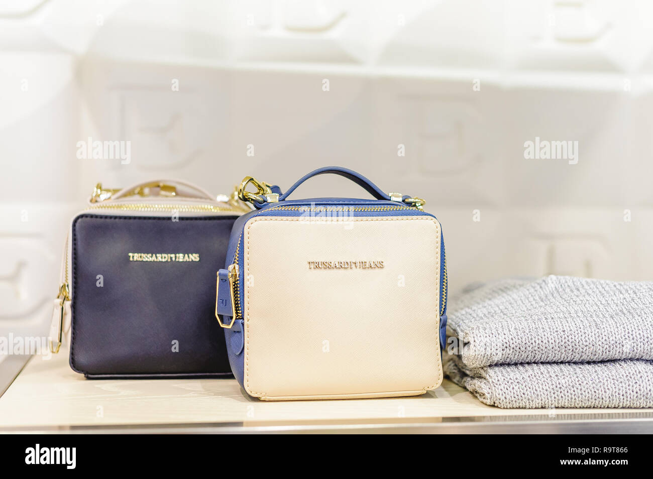 Russia, Novosibirsk - April 25, 2018: interior of women's clothing and  accessories store boutique EMPORIO / TRUSSARDI handbags ladies bags and  accesso Stock Photo - Alamy