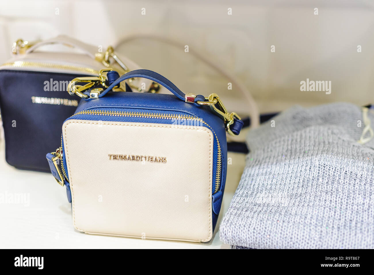 Russia, Novosibirsk - April 25, 2018: interior of women's clothing and  accessories store boutique EMPORIO / TRUSSARDI handbags ladies bags and  accesso Stock Photo - Alamy