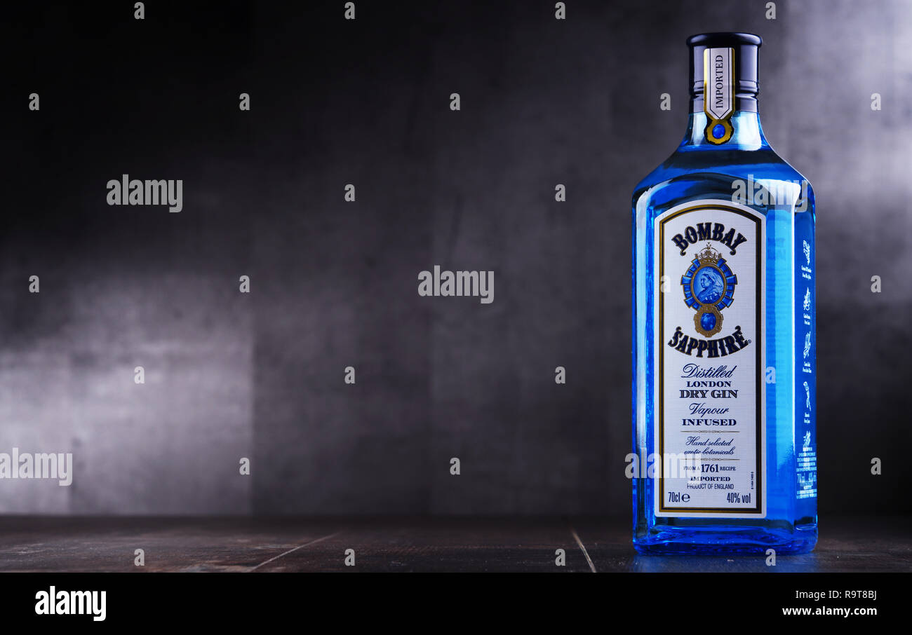 POZNAN, POL - MAY 3, 2018: Bottle of Bombay Sapphire, a brand of gin distributed by Bacardi. Introduced to the market in 1987 by International Distill Stock Photo
