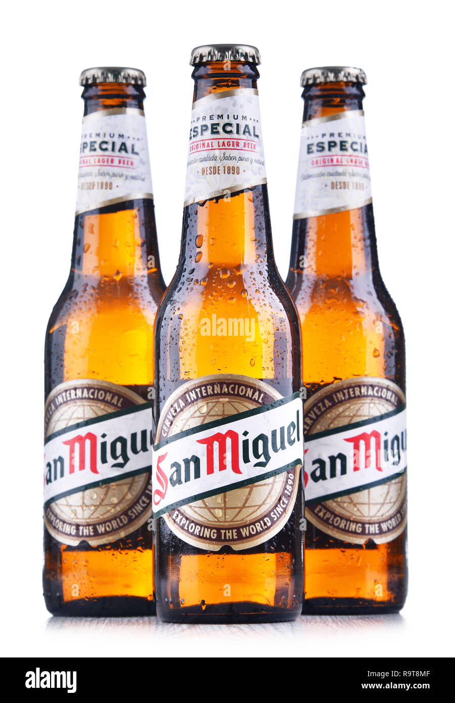 POZNAN, POL JUN 7, 2018 Bottles of San Miguel Beer, a Filipino pale