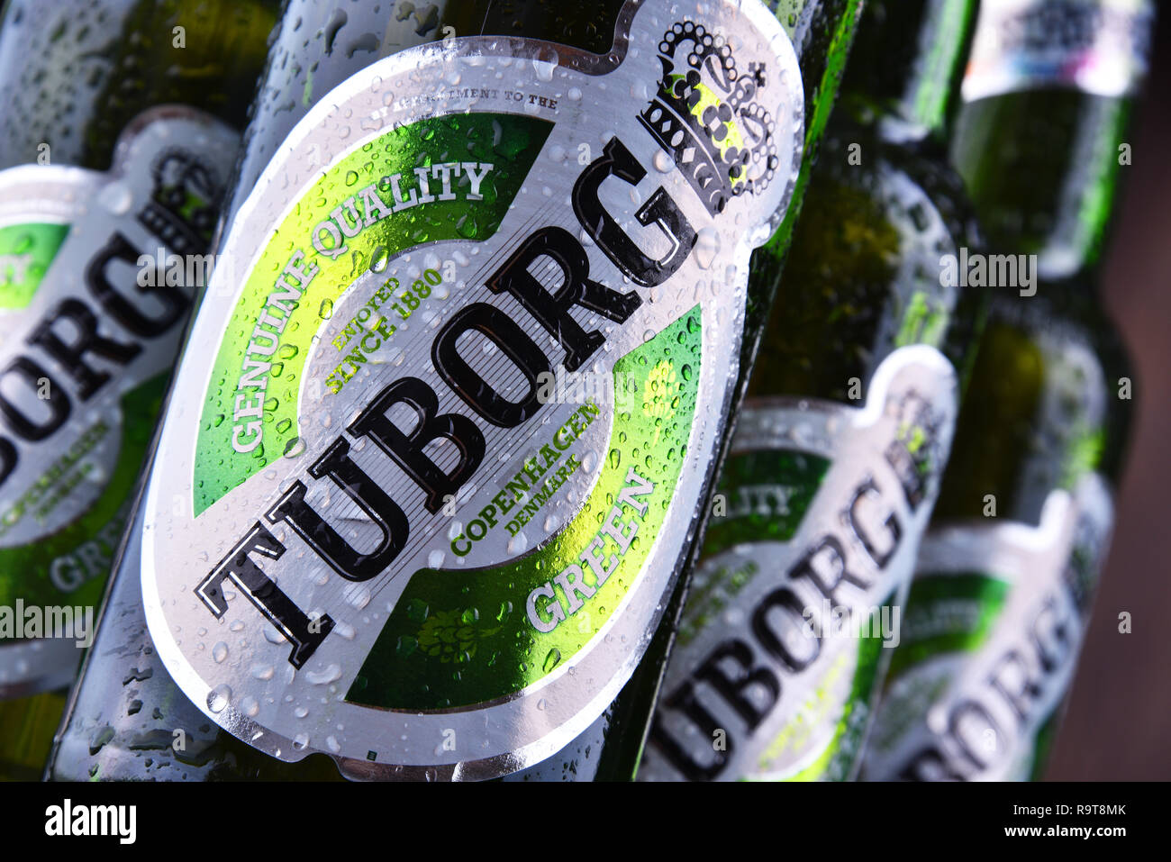 POZNAN, POL - JUN 8, 2018: Bottles of Tuborg beer, produced by a Danish brewing company founded in 1873 near Copenhagen Stock Photo