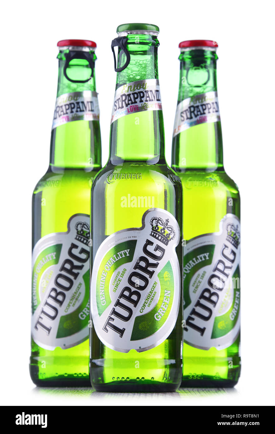 POZNAN, POL - JUN 8, 2018: Bottles of Tuborg beer, produced by a