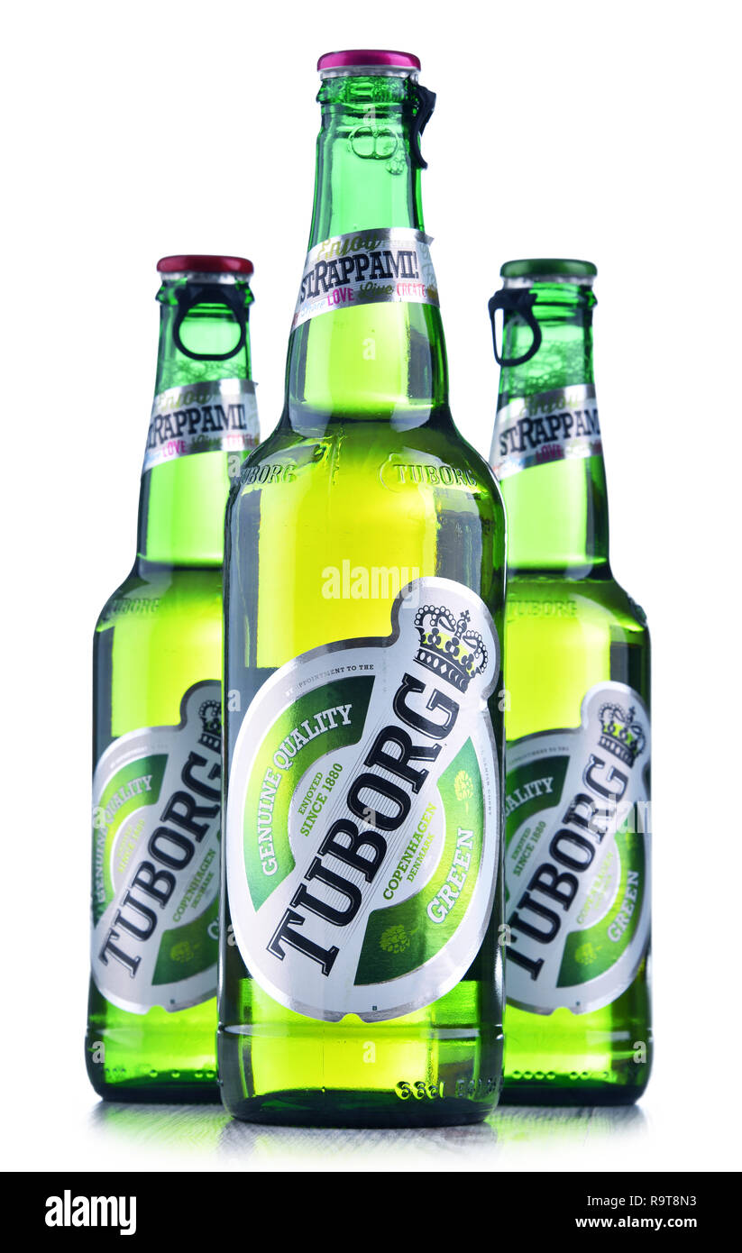 POZNAN, POL - JUN 8, 2018: Bottles of Tuborg beer, produced