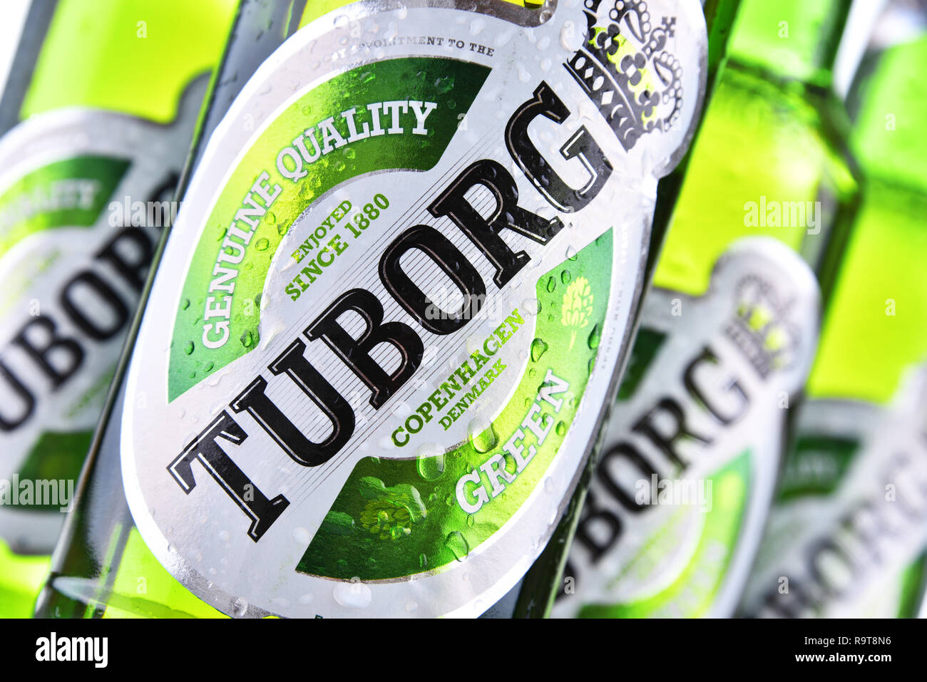 POZNAN, POL - JUN 8, 2018: Bottles of Tuborg beer, produced