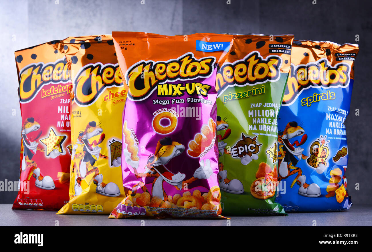 POZNAN, POLAND JUN 15, 2018 Packets of Cheetos, a brand of cheese