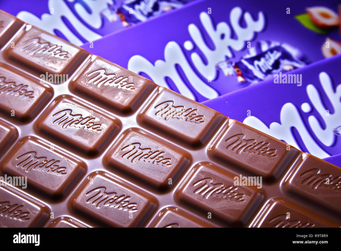 POZNAN, POL - JUN 15, 2018: Milka chocolates, a brand of chocolate confection which originated in Switzerland in 1825 and since 1990 has been manufact Stock Photo
