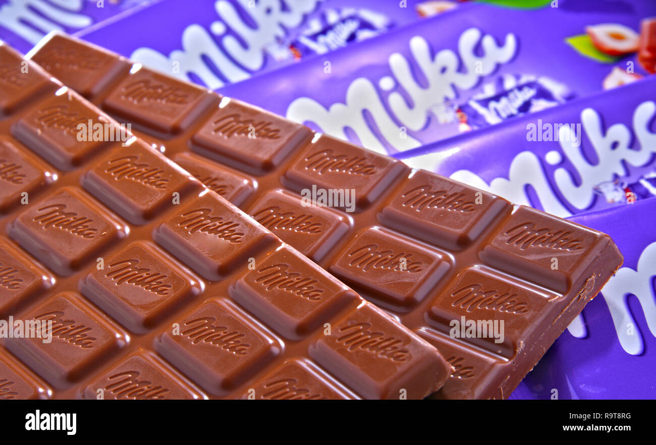 POZNAN, POL - JUN 15, 2018: Milka chocolates, a brand of chocolate confection which originated in Switzerland in 1825 and since 1990 has been manufact Stock Photo