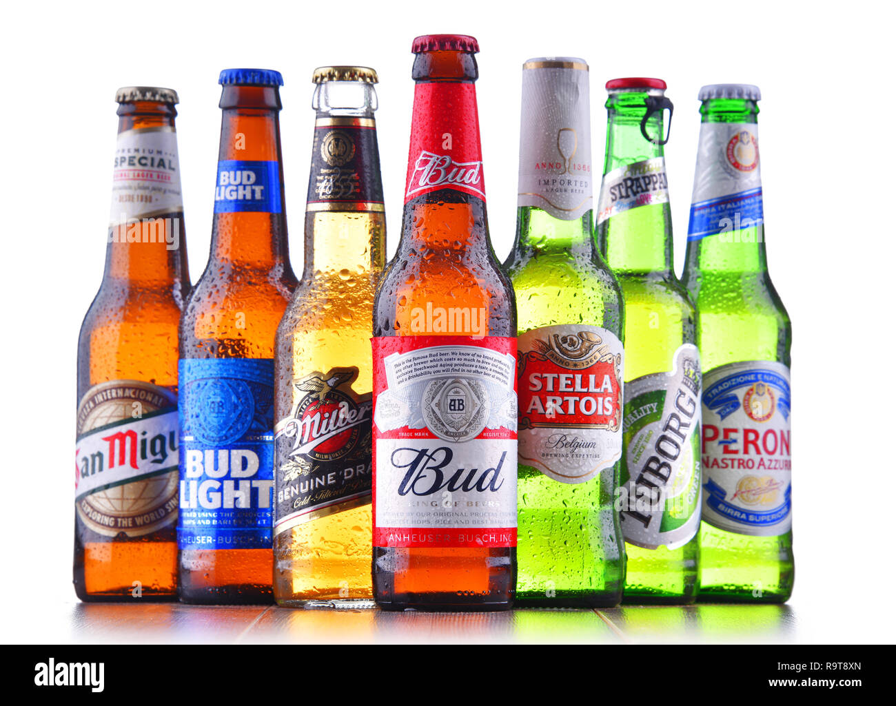 POZNAN POL JULY 19 2018 Bottles of famous global beer brands
