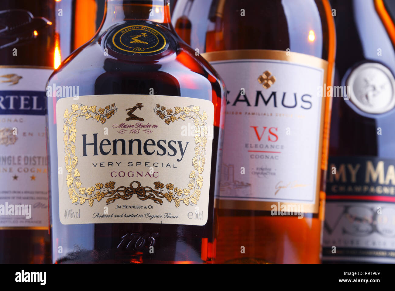POZNAN, POL   SEP , : Bottles of famous Cognac brands