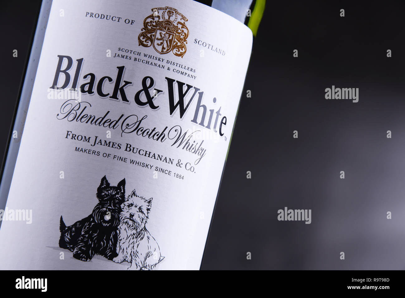 POZNAN, POL - SEP 27, 2018: Bottle of Black and White, a blended Scotch whisky, manufactured by Diageo, originally produced by James Buchanan in Londo Stock Photo