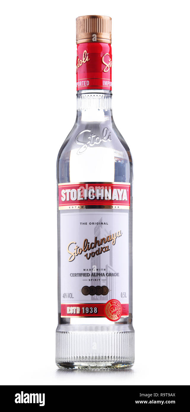 POZNAN, POLAND - NOV 15, 2018: Bottle of Stolichnaya, popular brand of Russian vodka made of wheat and rye grain Stock Photo