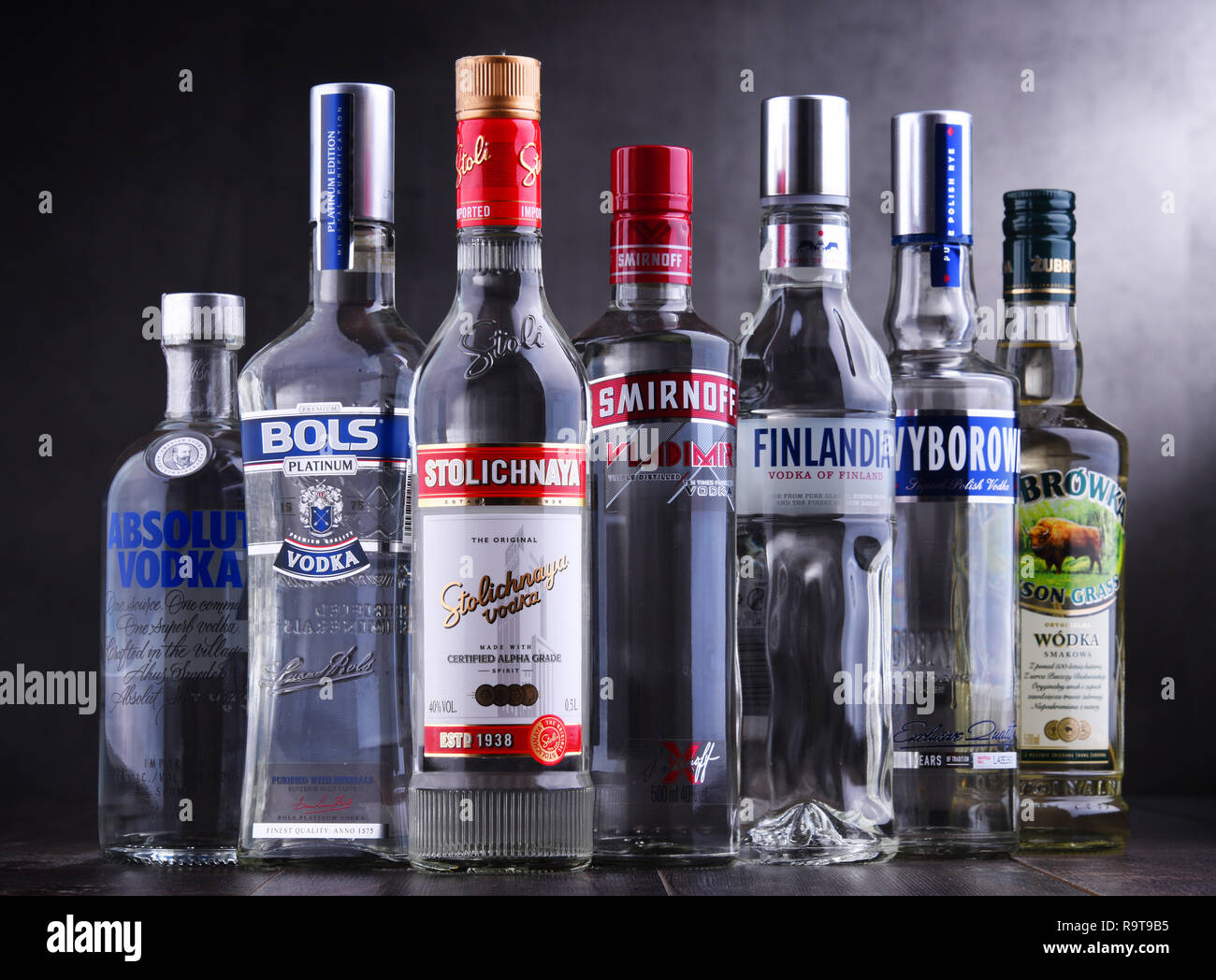 POZNAN, POLAND - NOV 15, 2018: Bottles of several global brands of vodka, the world’s largest internationally traded spirit with the estimated sale of Stock Photo