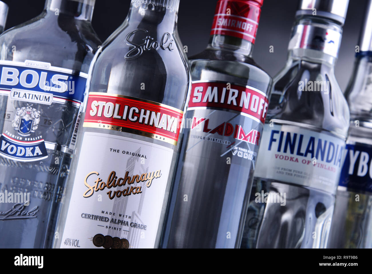 POZNAN, POLAND NOV 15, 2018 Bottles of several global brands of