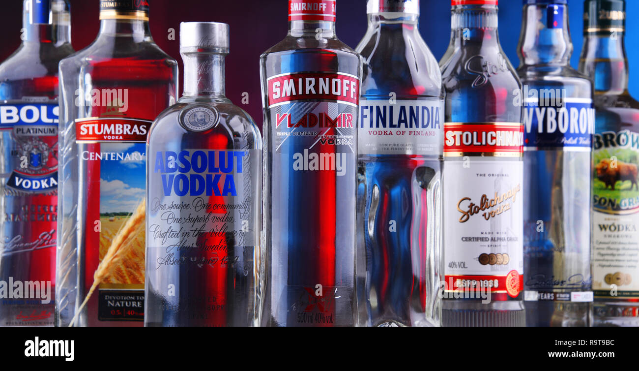 POZNAN, POLAND NOV 15, 2018 Bottles of several global brands of