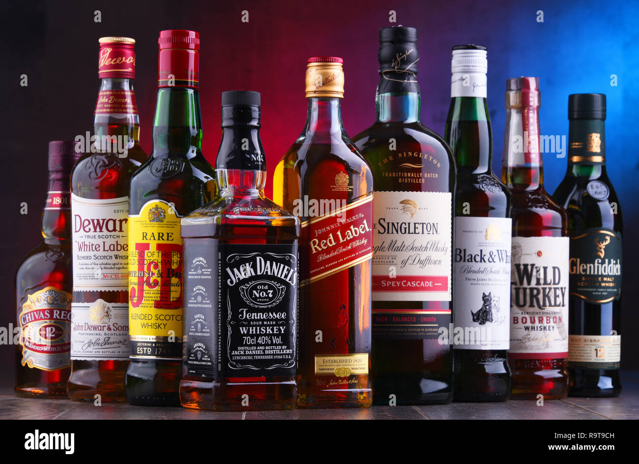 POZNAN, POLAND NOV 16, 2018 Bottles of several global whiskey brands