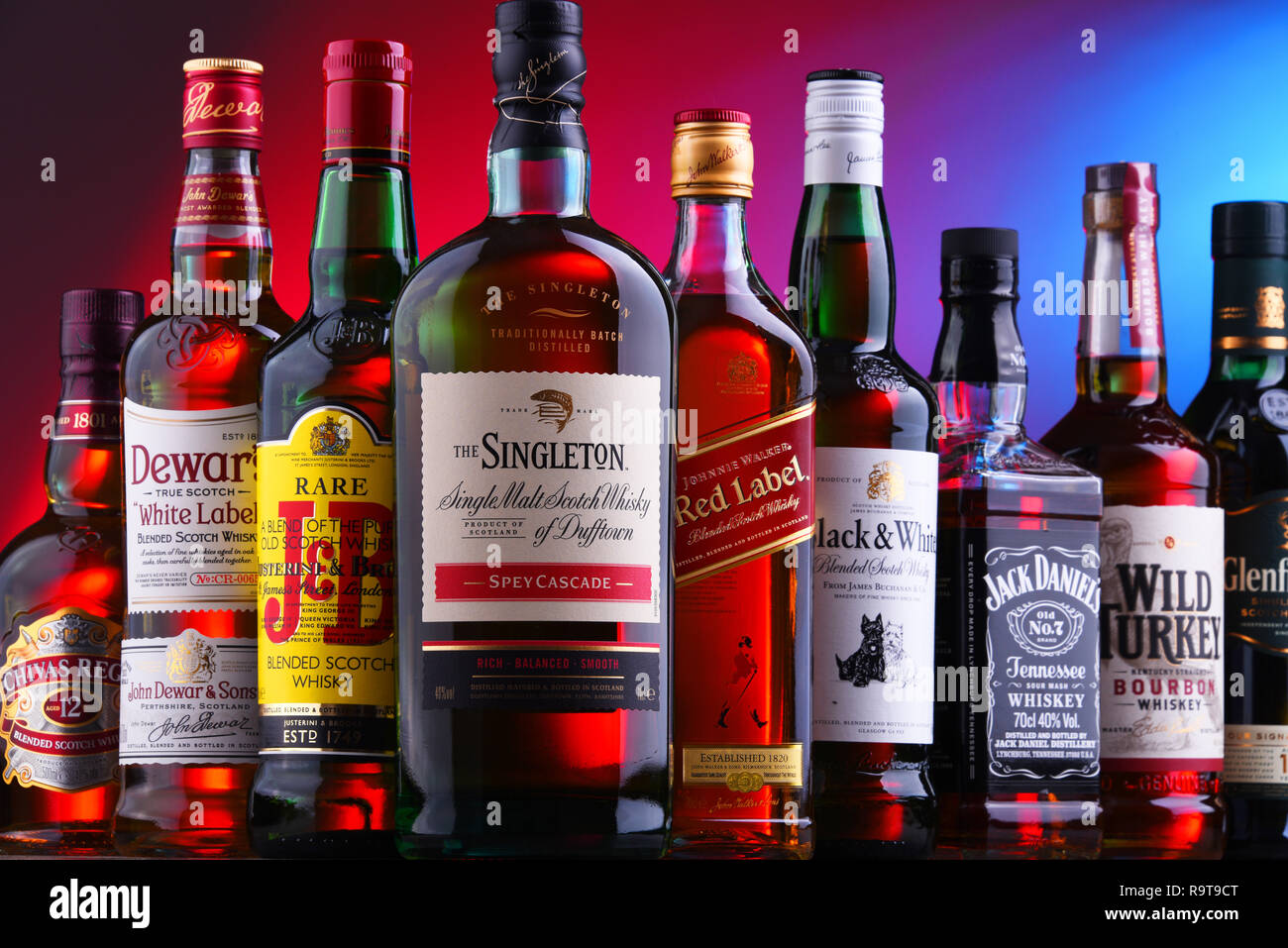 POZNAN, POLAND NOV 16, 2018 Bottles of several global whiskey brands