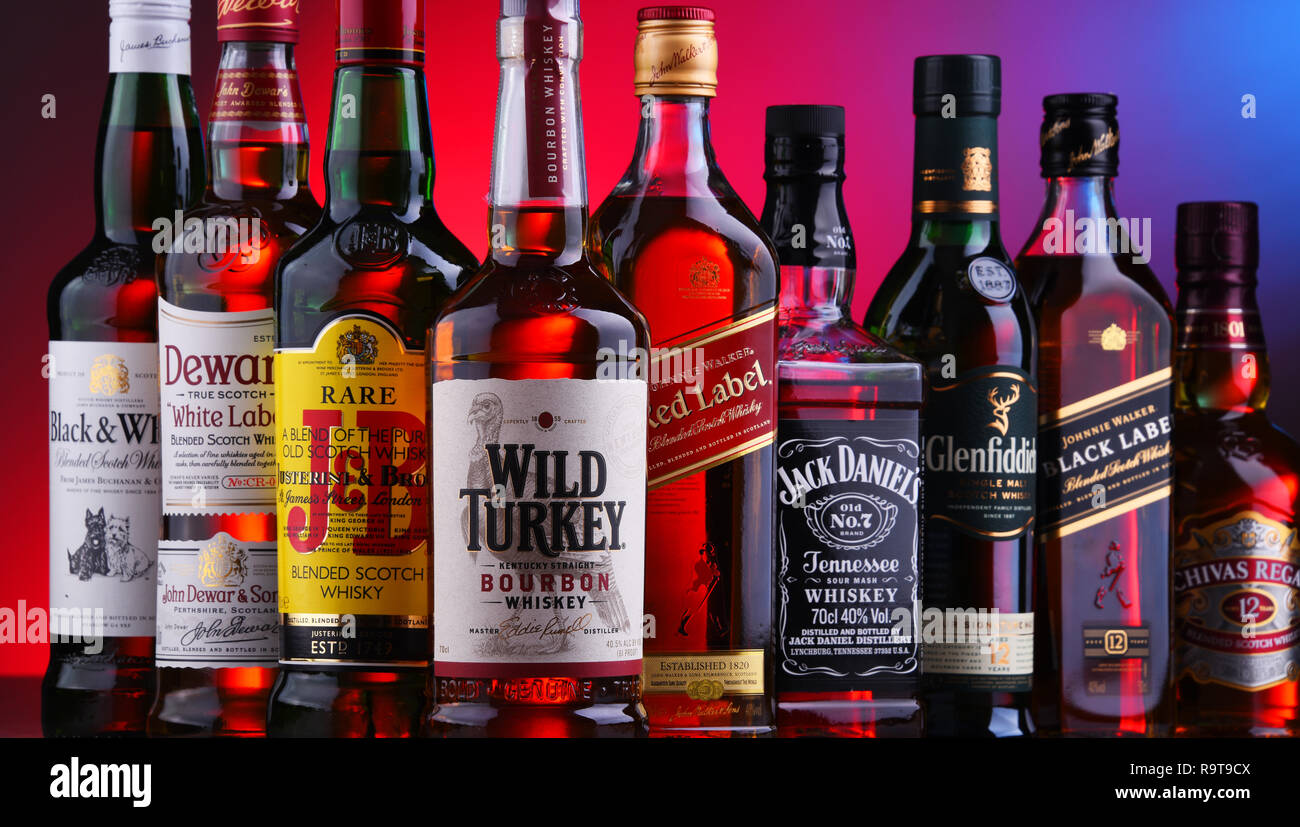 POZNAN, POLAND NOV 16, 2018 Bottles of several global whiskey brands