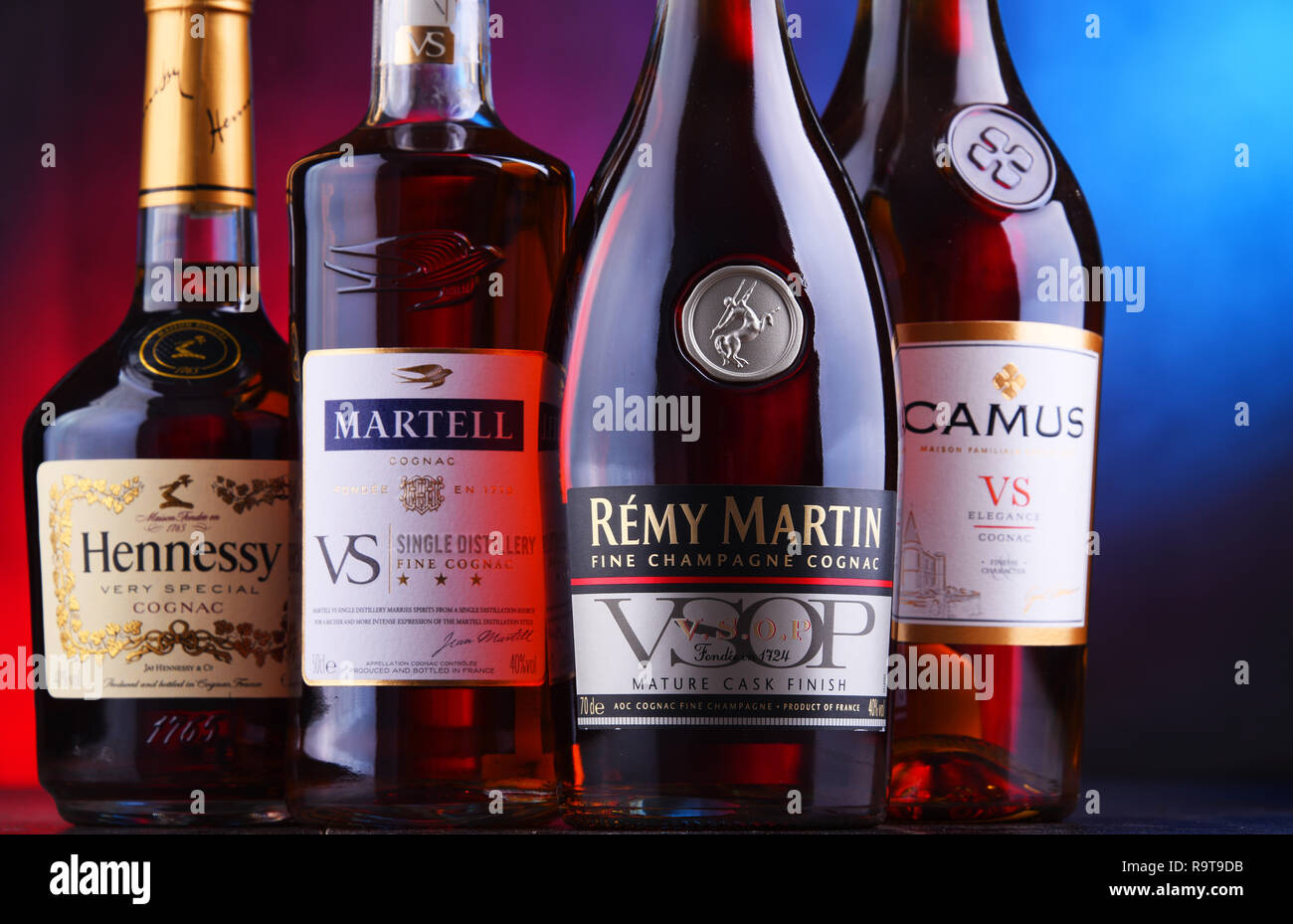 POZNAN, POL - NOV 16, 2018: Bottles of famous Cognac brands