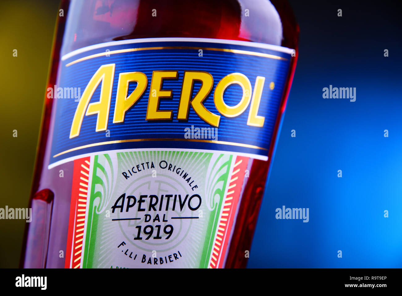 POZNAN, POL - NOV 29, 2018: Bottle of Aperol, an Italian aperitif made of gentian, rhubarb, and cinchona, It is produced by the Campari company. Stock Photo