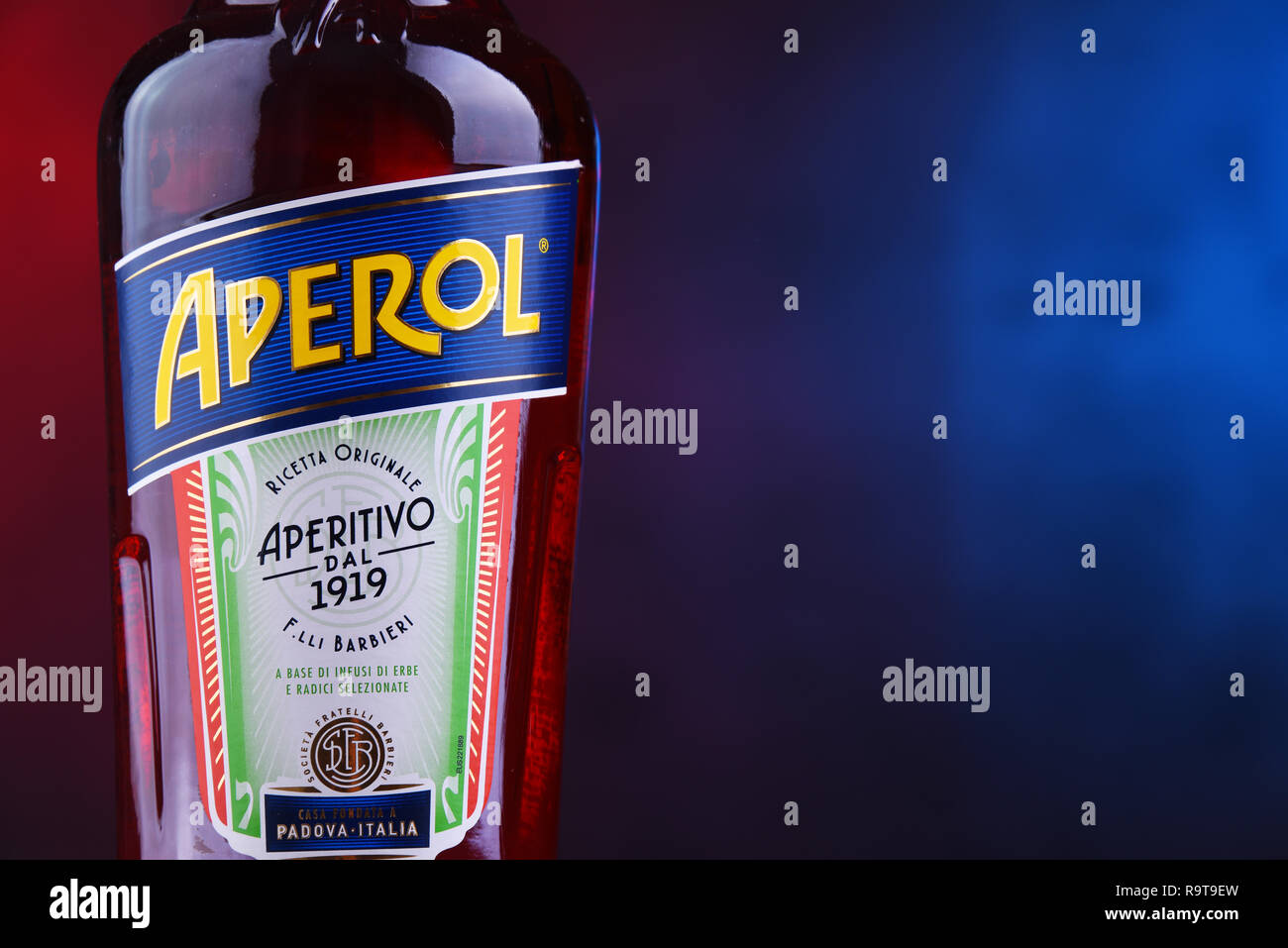 POZNAN, POL - NOV 29, 2018: Bottle of Aperol, an Italian aperitif made of gentian, rhubarb, and cinchona, It is produced by the Campari company. Stock Photo
